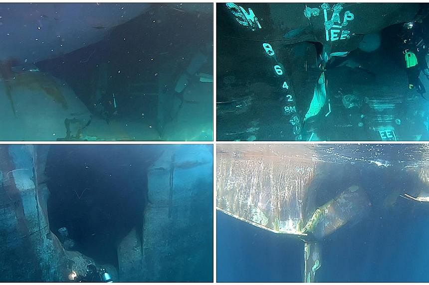 Underwater damage to the (clockwise from top left) Norwegian tanker Andrea Victory, Emirati vessel A. Michel and Saudi Arabian tanker Al Marzoqah in the Port of Fujairah.