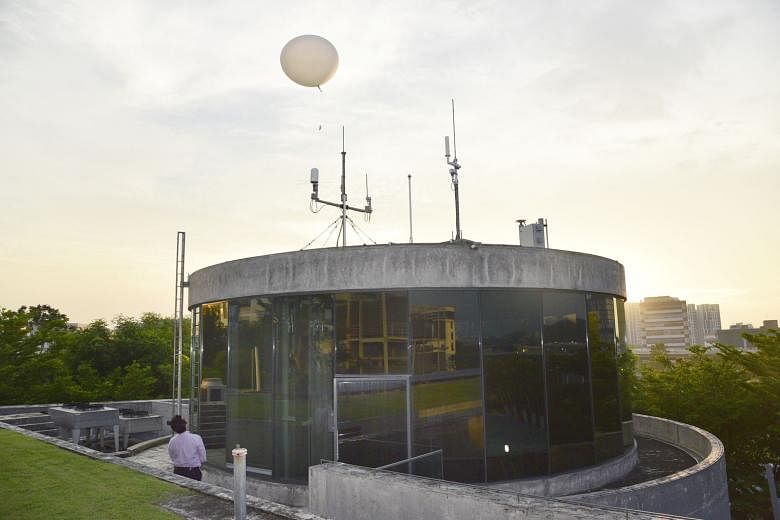 A staff member mounting the radiosonde to the weather balloon at the Centre for Climate Research Singapore. The weather balloon is released twice a day at the Centre for Climate Research Singapore, except during thunderstorms. Erratic weather results