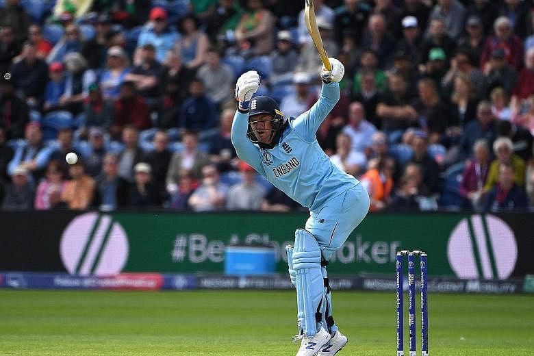 England opener Jason Roy batting his way to another century in Saturday's World Cup group-stage match against Bangladesh. His 153 lifted the hosts to a 106-run win in Cardiff.