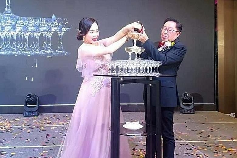 Ms Samantha Ee Kai Chee and Mr Tai Huat Chang celebrating their new life together last week. Ms Ee (in pink, below) during her days with the Four Golden Princess, a musical group that was popular among children in Malaysia in the 1990s.