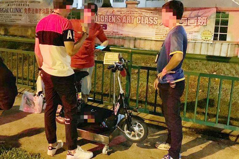 Clockwise from far right: A rider found displaying a false identification mark on his e-scooter; a user caught riding a non-compliant PMD on a road in Ang Mo Kio; a rider who was found using a PMD on a road, and who failed to stop when requested to b