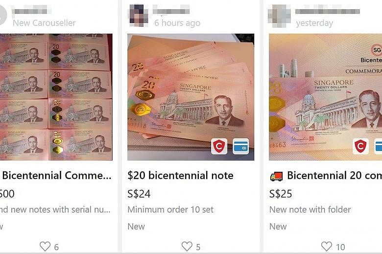 Bicentennial $20 notes for sale on Carousell yesterday. The bill sold out at many banks after its release on Monday, but more than 400 sales listings have since been posted online at marked-up prices.
