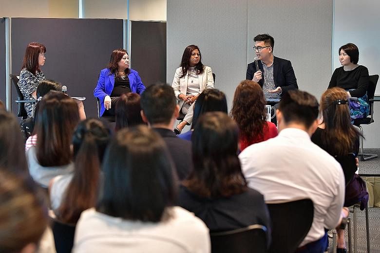 The panellists yesterday comprised (from left) Great Place to Work® Institute managing director Evelyn Kwek, who was moderator; aAdvantage Consulting director Jacqueline Gwee; Ms Lekha George, head of human resources for Asean and Korea at Cisco Sys
