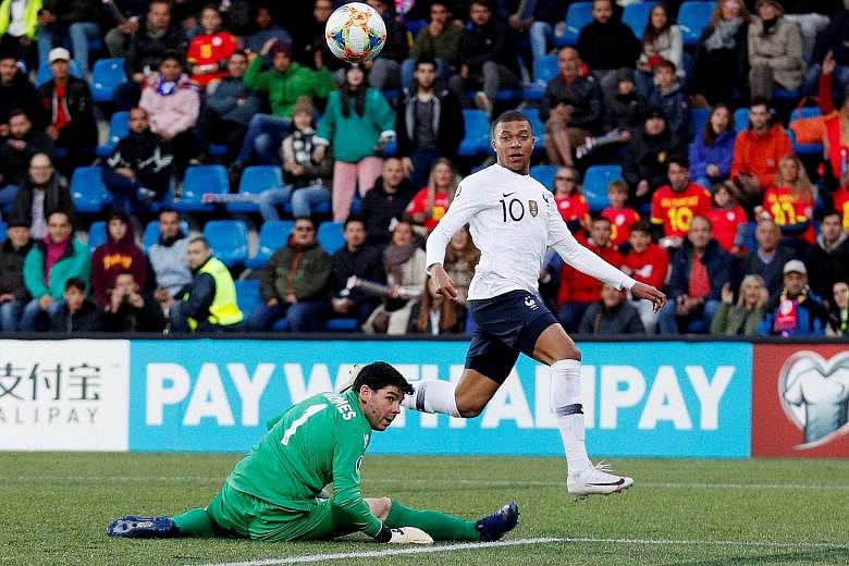 France forward Kylian Mbappe scoring the first goal in the 4-0 Euro 2020 qualifying win over Andorra on Tuesday. The French are now top of Group H on goal difference, bouncing back from a shock loss to Turkey last weekend.