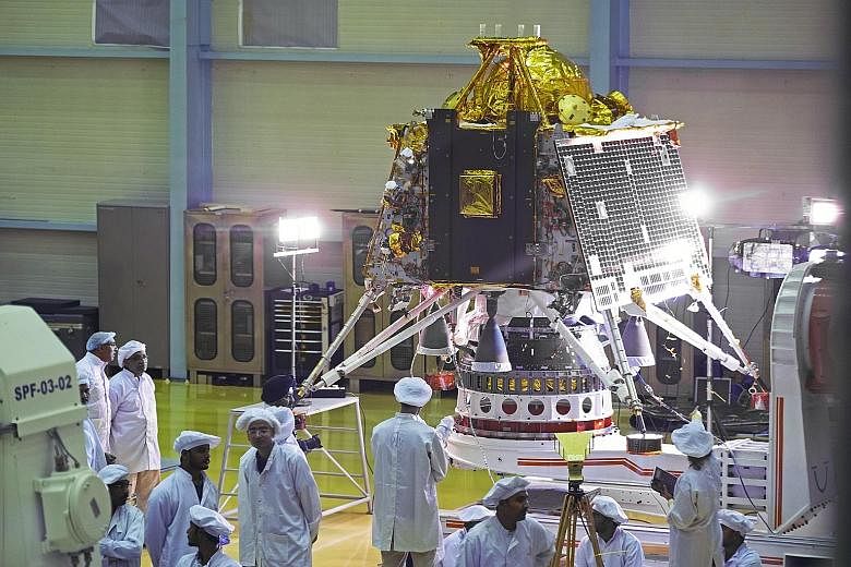 The Chandrayaan-2 spacecraft's lander module at the Indian Space Research Organisation (ISRO) Satellite Integration and Test Establishment in Bengaluru yesterday. The mission is scheduled to launch on July 15 aboard the Geosynchronous Satellite Launc