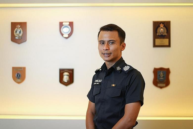 The officers who received awards yesterday included Staff Sergeant Mohamad Khairul Aidil Mohd (above) and E-commerce Fraud Enforcement and Coordination Team members (at left) Senior Staff Sergeant Eric Low Hin Kee, ASP Clara Wong Bo Yin and ASP Esh J