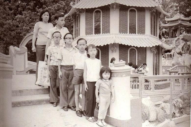 Photographer Deanna Ng re-creating a 1980 photo (far left) of herself taken at Haw Par Villa.
