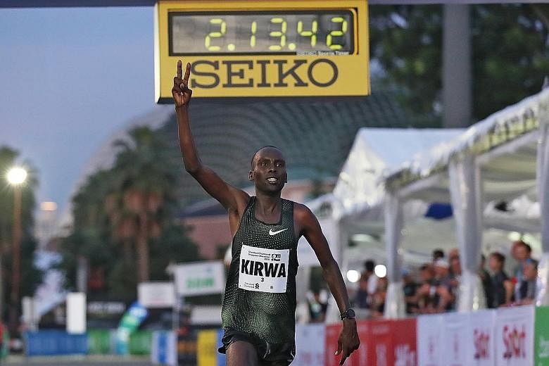 Kenyan Felix Kiptoo Kirwa after crossing the finish line of the Singapore Marathon last year. He has been stripped of his silver medal.