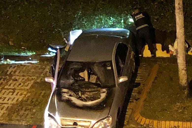 A photo of the aftermath shows the charred bonnet and damaged windscreen of the Mercedes-Benz parked at a Housing Board carpark in Sin Ming Avenue. There were no reported injuries.