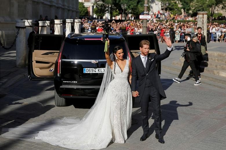 Seville, Spain. 15th June, 2019. Seville, Spain. 15th June, 2019.  Soccerplayer Luka Modric and wife Vanja Bosnic during the wedding of Sergio  Ramos and Pilar Rubio in Seville on Saturday, 15 June