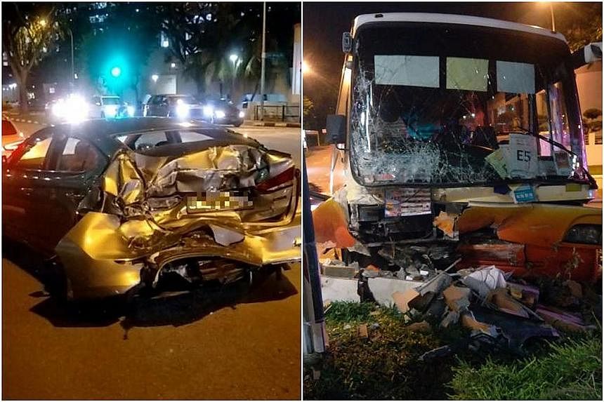 An eyewitness said the bus ran a red light before colliding with a car (left). It stopped only after it went through the barrier on the pedestrian walkway (above).