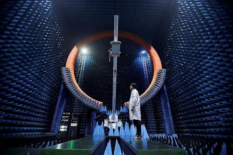 A 5G base station antenna at a Huawei facility in Guangdong. Huawei says it shipped equipment from China to a testing lab in California; after testing was done, the equipment was being shipped back to China, but the US seized it in Alaska and no deci