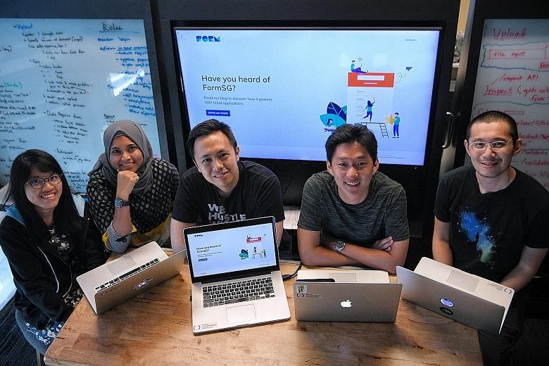 The team behind FormSG (from left) includes software engineer Jean Tan, 26; UX designer Sarah Salim; product manager Leonard Loo; software engineer Yuanruo Liang, 29; and Open Government Products head Li Hongyi.