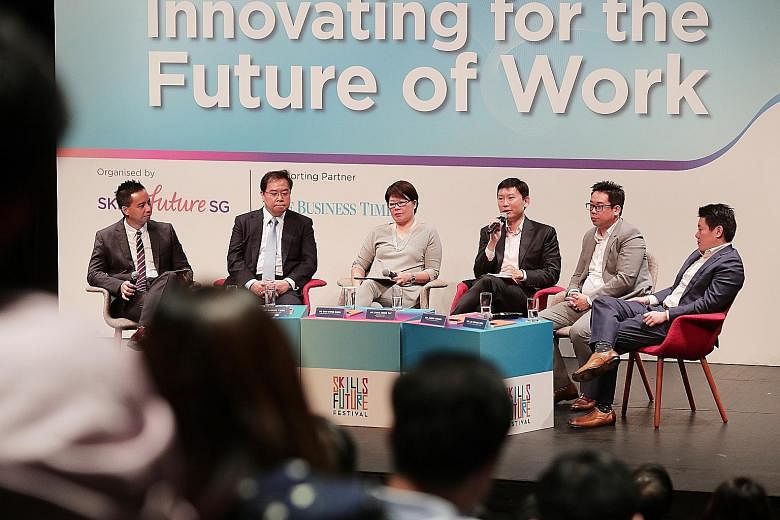 (From left) The Business Times' digital editor Chistopher Lim, OCBC Group CEO Samuel Tsien, Institute for Human Resource Professionals chairman Goh Swee Chen, Senior Minister of State Chee Hong Tat, Lazada Singapore CEO James Chang and Ninja Van CEO 