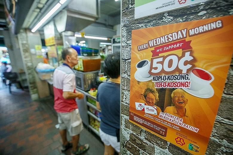 Starting this week, on every Wednesday morning, those in the Merdeka and Pioneer generations can order kopi-o kosong or teh-o kosong at 50 cents instead of the usual $1.10 from coffee shops in Nee Soon South. The promotion aims to get seniors to cut 