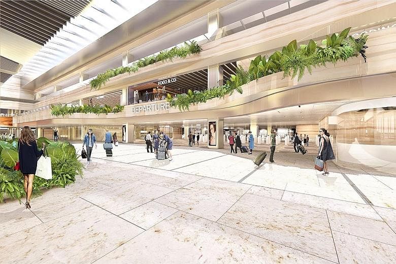 An artist's impression of the upgraded Terminal 2, which will include a departure hall with a new layout of check-in counters, and automated check-in kiosks and bag-drop machines.