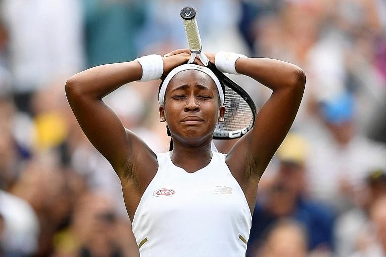 An overwhelmed Cori Gauff after upsetting American compatriot and veteran Venus Williams 6-4, 6-4 on Monday in the first round of Wimbledon. PHOTO: REUTERS