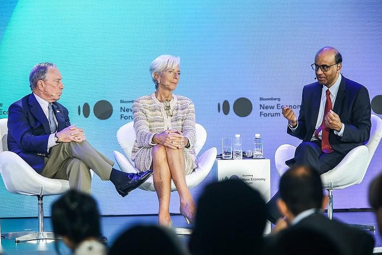 IMF managing director Christine Lagarde, who is poised to become the next president of the European Central Bank, with Singapore Senior Minister Tharman Shanmugaratnam at the Bloomberg New Economy Forum last year.