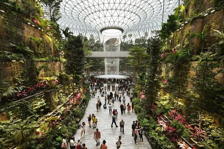 Designed by award-winning firm Safdie Architects, Jewel Changi Airport’s centrepiece is a 40m indoor waterfall (above) alongside a five-storey garden with more than 2,000 trees and 100,000 shrubs from all over the globe. 