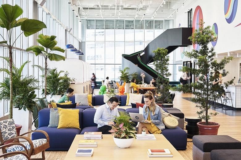 Above: Mr Adam Neumann, co-founder and chief executive of WeWork, which has helped pioneer "co-working" or shared desk space. Right: New York-based WeWork's outlet at Suntec City Tower 5. PHOTO: WEWORK