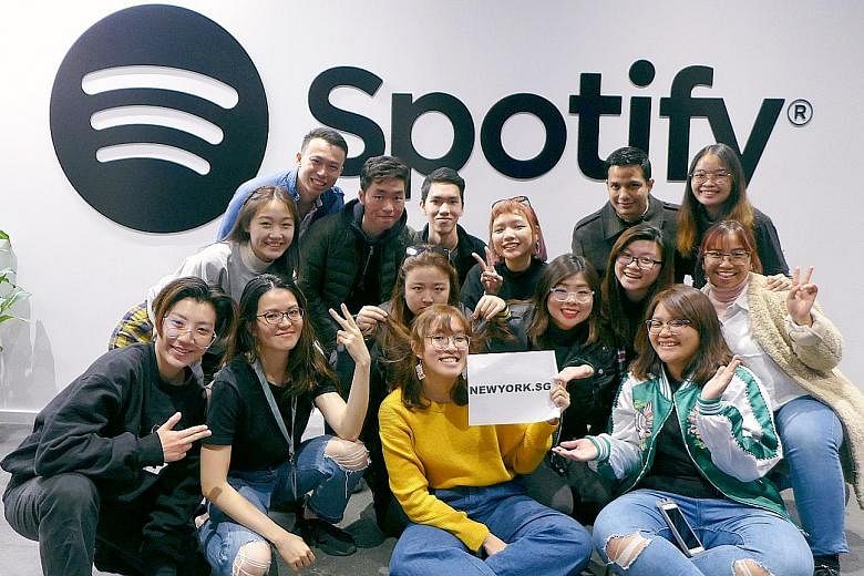 NewYork.SG participants at a Spotify workshop in March last year. Participants in the career development scheme are flown to New York, where each is assigned an adviser who sets weekly challenges and figures out what the person wants to achieve. They
