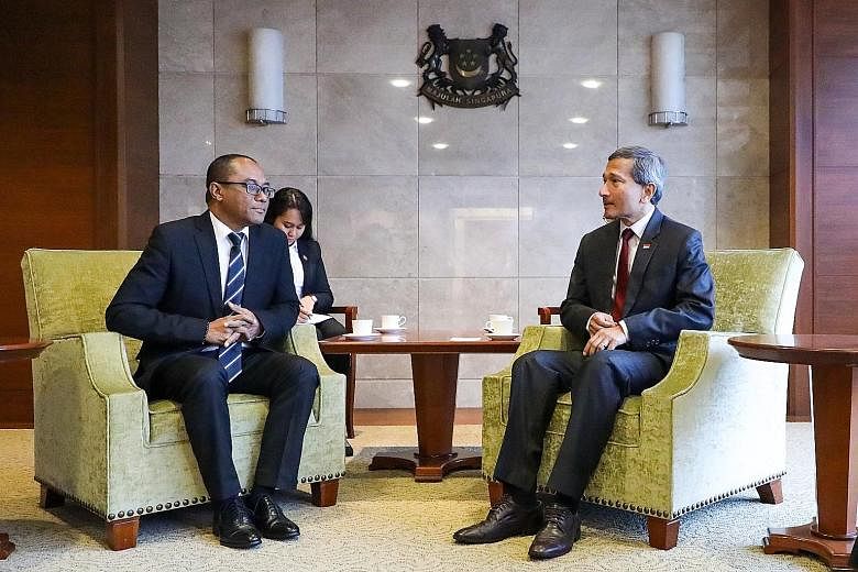 Timor-Leste Minister of Foreign Affairs and Cooperation Dionisio da Costa Babo Soares (left) meeting Foreign Minister Vivian Balakrishnan yesterday.