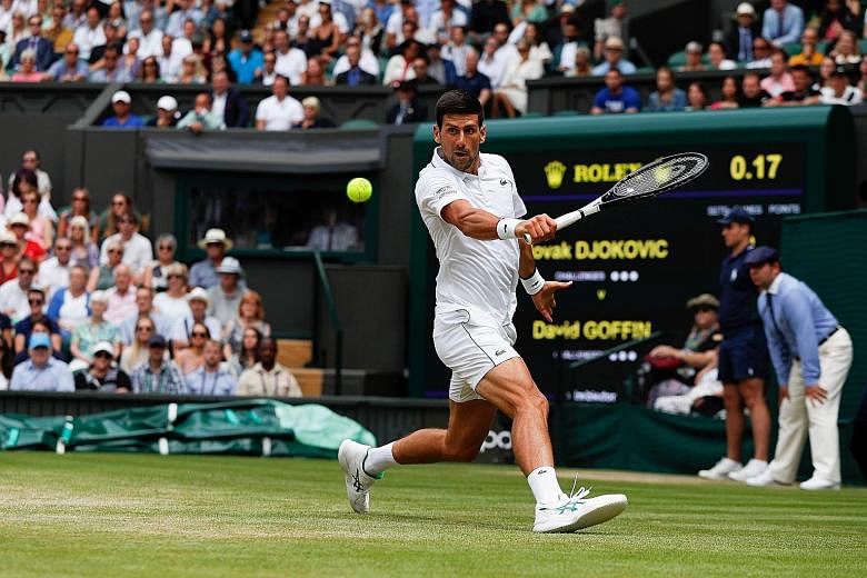 Serb Novak Djokovic broke David Goffin of Belgium seven times in the 6-4, 6-0, 6-2 quarter-final victory which lasted less than two hours on Centre Court yesterday.