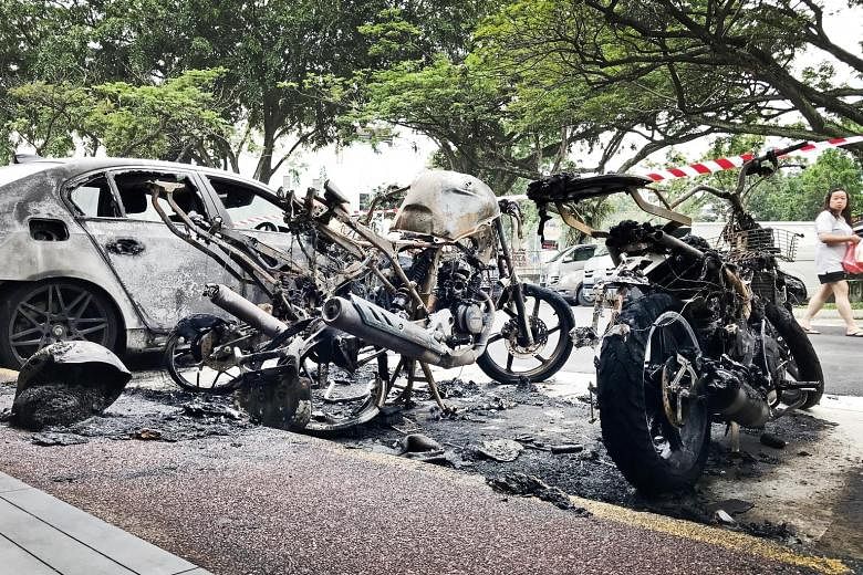 Loh Hsien Aik's act of setting a motorcycle seat on fire caused more than $103,000 in damage to multiple vehicles.