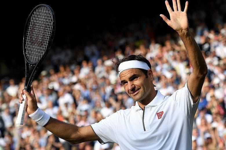 Roger Federer, 38 next month, celebrating after beating Kei Nishikori 4-6, 6-1, 6-4, 6-4 in the Wimbledon quarter-finals on Wednesday. PHOTO: EPA-EFE