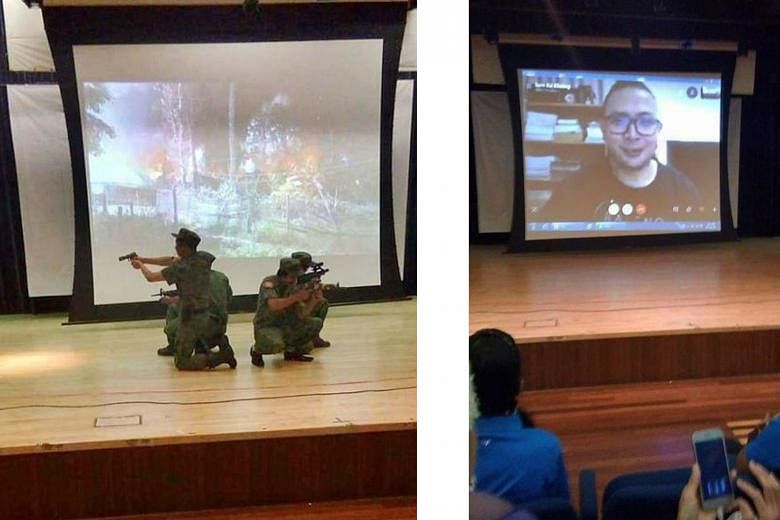 Left: People at an event marking the 10th anniversary of the Arakan Army at a community club in Singapore. Above: AA chief Tun Myat Naing addressing the audience via video link. PHOTOS: ARAKANBRAND/TWITTER Actors in military uniforms and holding repl