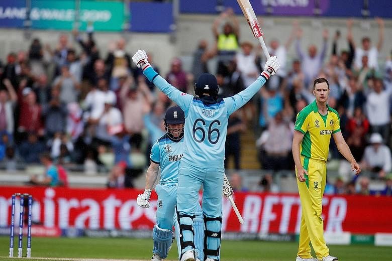 England's Eoin Morgan and Joe Root rejoicing after deposing Australia in their semi-final at Edgbaston, Birmingham, on Thursday. The hosts will meet New Zealand in the final tomorrow. 