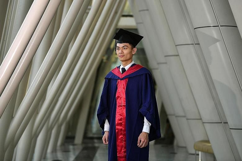 Above: Dr Arturo Neo says serving the underprivileged has taught him to empathise with patients. Left: A graduate taking photographs outside the NUS University Cultural Centre after yesterday's commencement ceremony.