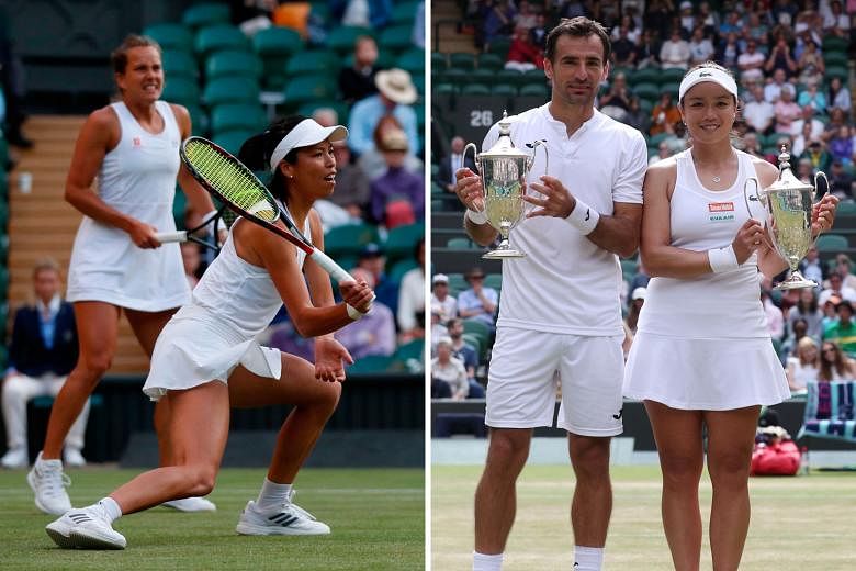Left: Taiwanese Hsieh Su-wei and Czech partner Barbora Strycova during the women's doubles final on Sunday. Above: Ivan Dodig of Croatia and Chinese Taipei's Latisha Chan pose with their mixed doubles trophies. It was the pair's second Grand Slam tit