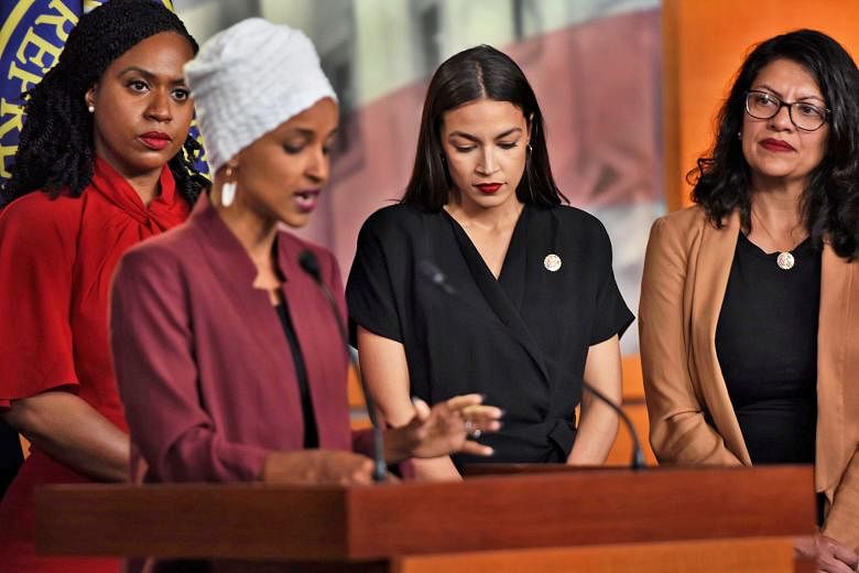 From left: US representatives Ayanna Pressley, Ilhan Omar, Alexandria Ocasio-Cortez and Rashida Tlaib at a press conference at the Capitol on Monday, after President Donald Trump stepped up attacks on the progressive congresswomen.