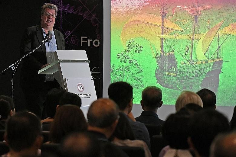 Associate Professor Peter Borschberg giving a talk about the waters of 1500s Singapore and its surrounds, at Fort Canning Centre last Thursday. Prof Borschberg says the curtain never fell on 16th century Singapore, and that sources portray it as an i