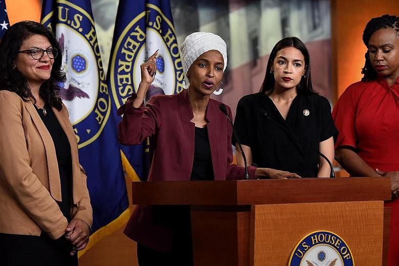 (From left) Representatives Rashida Tlaib of Michigan, Ilhan Omar of Minnesota, Alexandria Ocasio-Cortez of New York and Ayanna Pressley of Massachusetts attending a press conference at the US Capitol on Monday after President Donald Trump attacked t