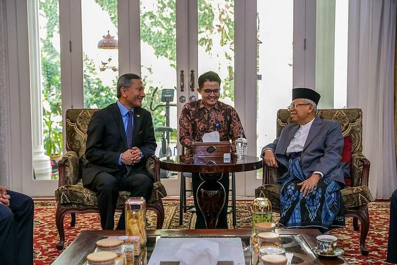 Foreign Minister Vivian Balakrishnan meeting Indonesia's Vice-President-Elect Ma'ruf Amin yesterday.
