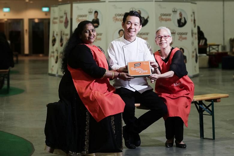 Madam Sakunthla Chelladurai, Mr Bernard Lim and Madam Ng Mee Lan are among 21 chefs and cooks featured in Recipes With Love, a set of 21 recipe cards of healthy meals for children compiled by dietitians and nutritionists. ST PHOTO: KELVIN CHNG