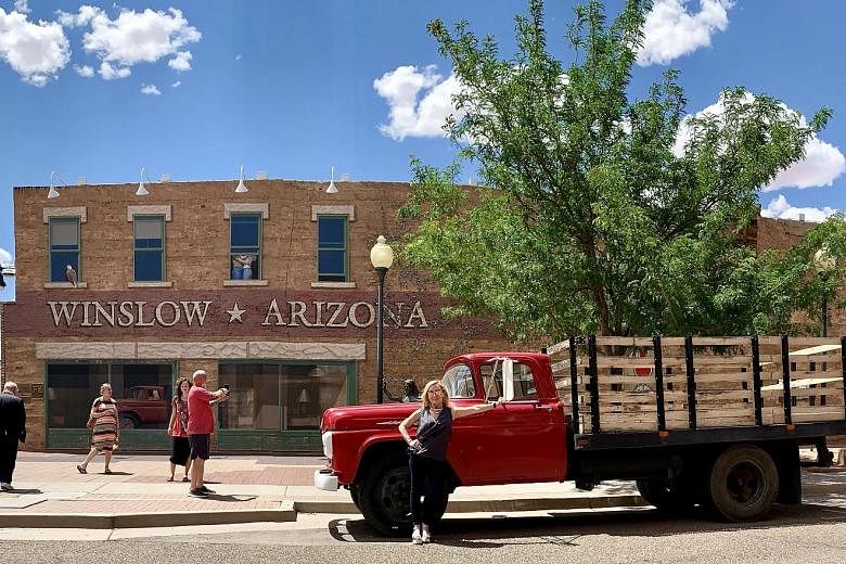 Standin' on the Corner in Winslow, Arizona, is a tribute to The Eagles' hit, Take It Easy.