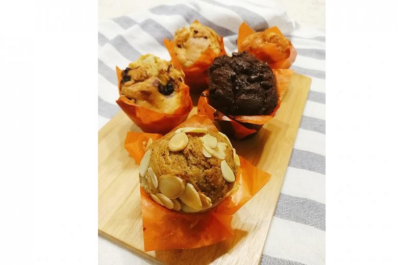 Muffin flavours include (clockwise from bottom) earl grey almond, blueberry chia seeds, raspberry, sea salt caramel and double chocolate chip. 