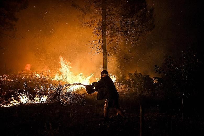A villager doing his bit to douse raging flames in Macao, in central Portugal, yesterday. Firefighters had been deployed to tackle three fires in the mountainous and heavily forested Castelo Branco region, 225km north-east of the capital Lisbon. PHOT