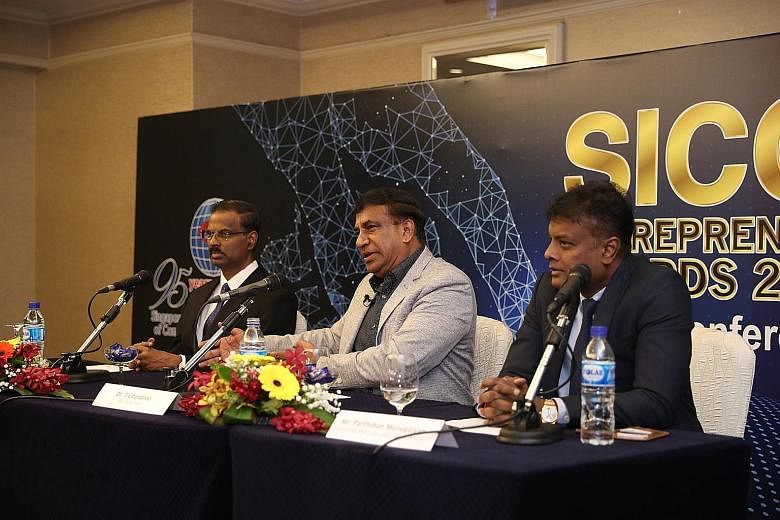 (From left) SICCI chief executive Kumaran Barathan, SICCI chairman T. Chandroo, and organising chairman and SICCI board director Parthiban Murugaiyan at the launch of SICCI's Entrepreneur Awards 2019 at the Marina Mandarin Singapore yesterday. The aw