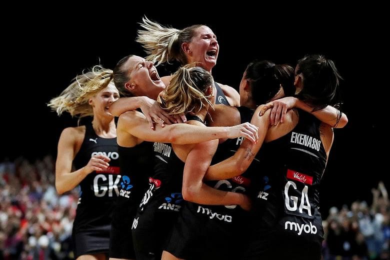 New Zealand's players are ecstatic as they celebrate defeating their Oceanic rivals Australia to win the Netball World Cup at the M&S Bank Arena in Liverpool. They had lost the previous three finals to Australia. PHOTO: REUTERS