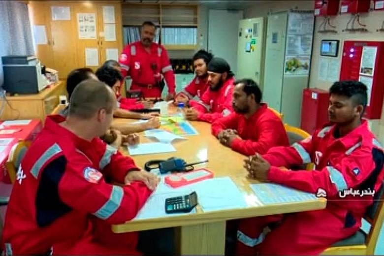 Crew members of the Stena Impero after it was seized by the Iranian authorities in the Strait of Hormuz last Friday. The British vessel had a crew of 23, including 18 Indians. The seizure is being seen as retaliation for a July 4 incident when an Ira