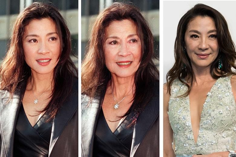Malaysian actress Michelle Yeoh in her younger days (left), on FaceApp (centre) and currently (right).