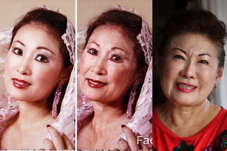 Singapore-based South Korean actress Jin Yinji in her younger days (left), on FaceApp (centre) and currently (right).