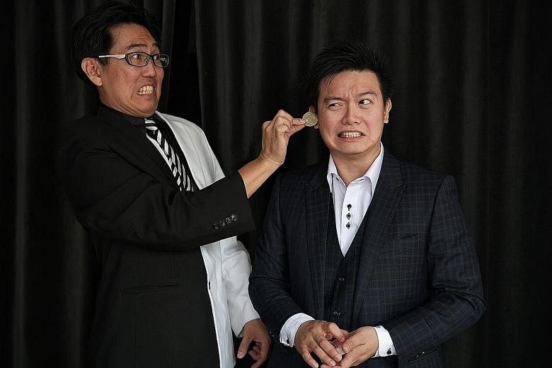 Above: Magicians Wee Kien Meng (left) and Sng Ming Da. Mr Sng and ventriloquist Patrick Wan will perform at a week-long festival in North Korea next April. Right: Mr Wee in Pyongyang, where he performed a series of tricks for children at the Pyongyan