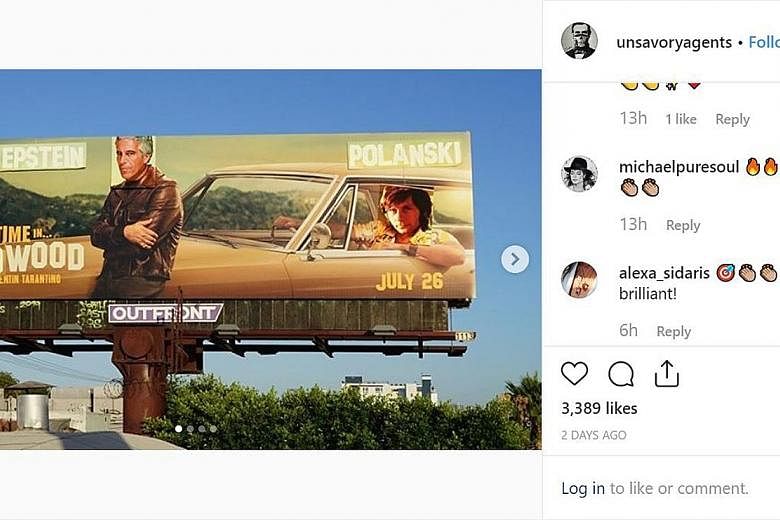 The renamed Once Upon A Time In Hollywood billboard with the faces of financier Jeffrey Epstein and director Roman Polanski.