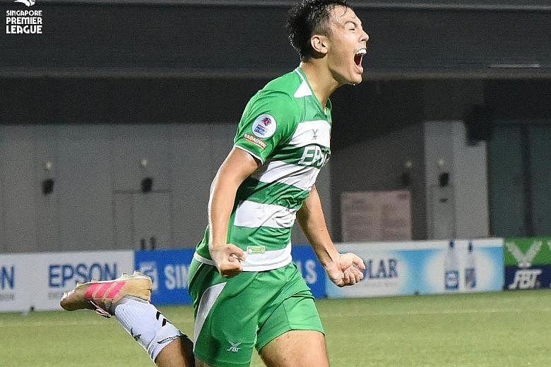 Left: After scoring against Albirex to give Geylang three points last week, Zikos Chua is the youngest player to reach the five-goal mark in local league history at 17 years and 102 days. Below: (From left) Geylang International vice-chairman Thomas 
