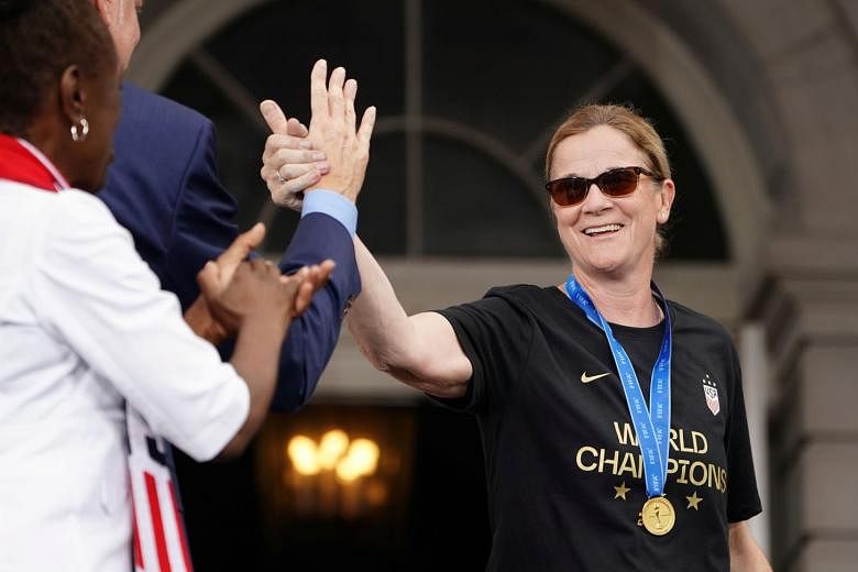 US coach Jill Ellis at a victory parade last month to celebrate her team winning the Women's World Cup. In her 51/2-year tenure, she led her team to two World Cups and became the first coach to win consecutive titles since the tournament began in 199